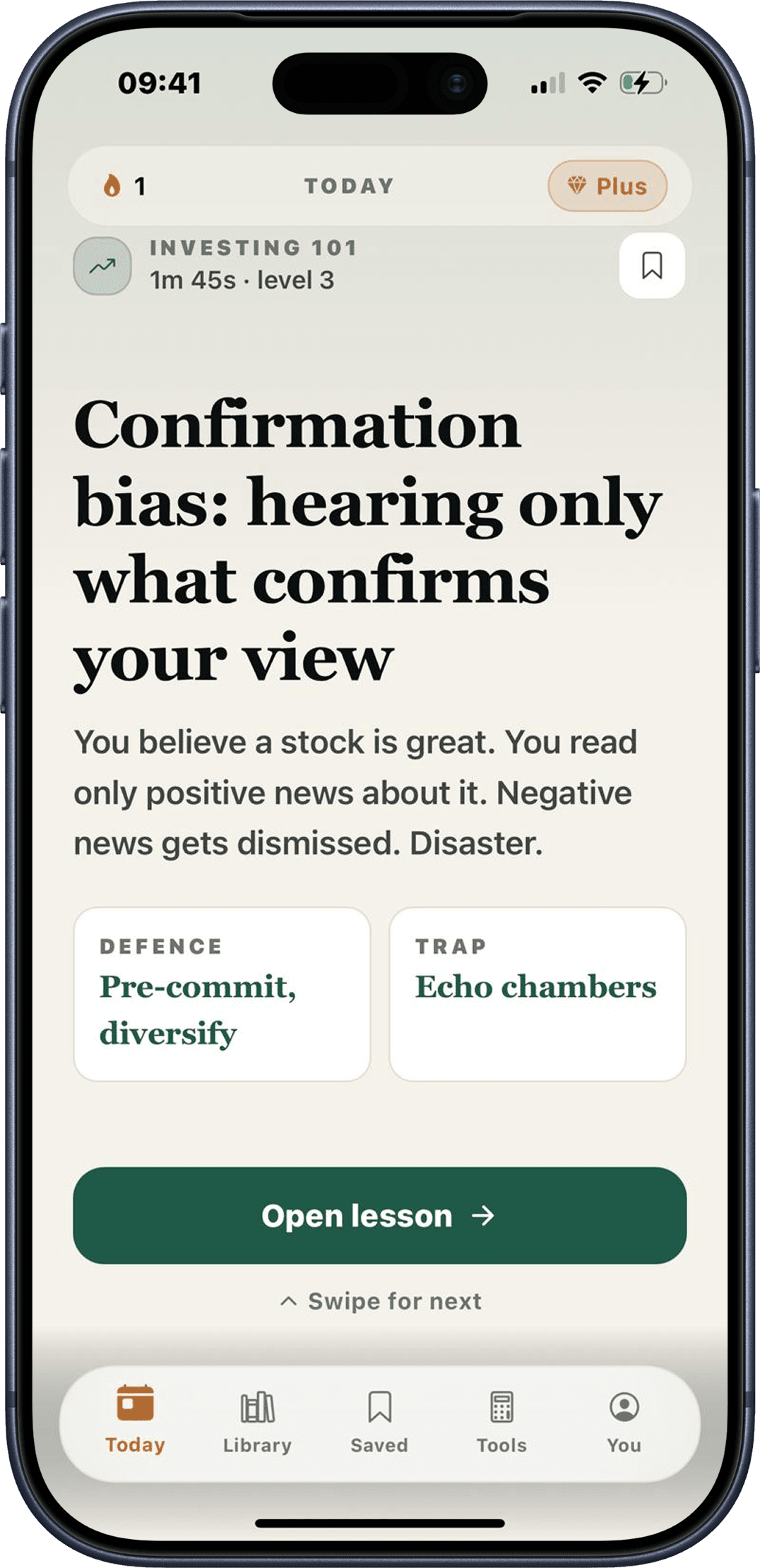 The Scroll: Personal Finance daily feed showing a lesson on confirmation bias