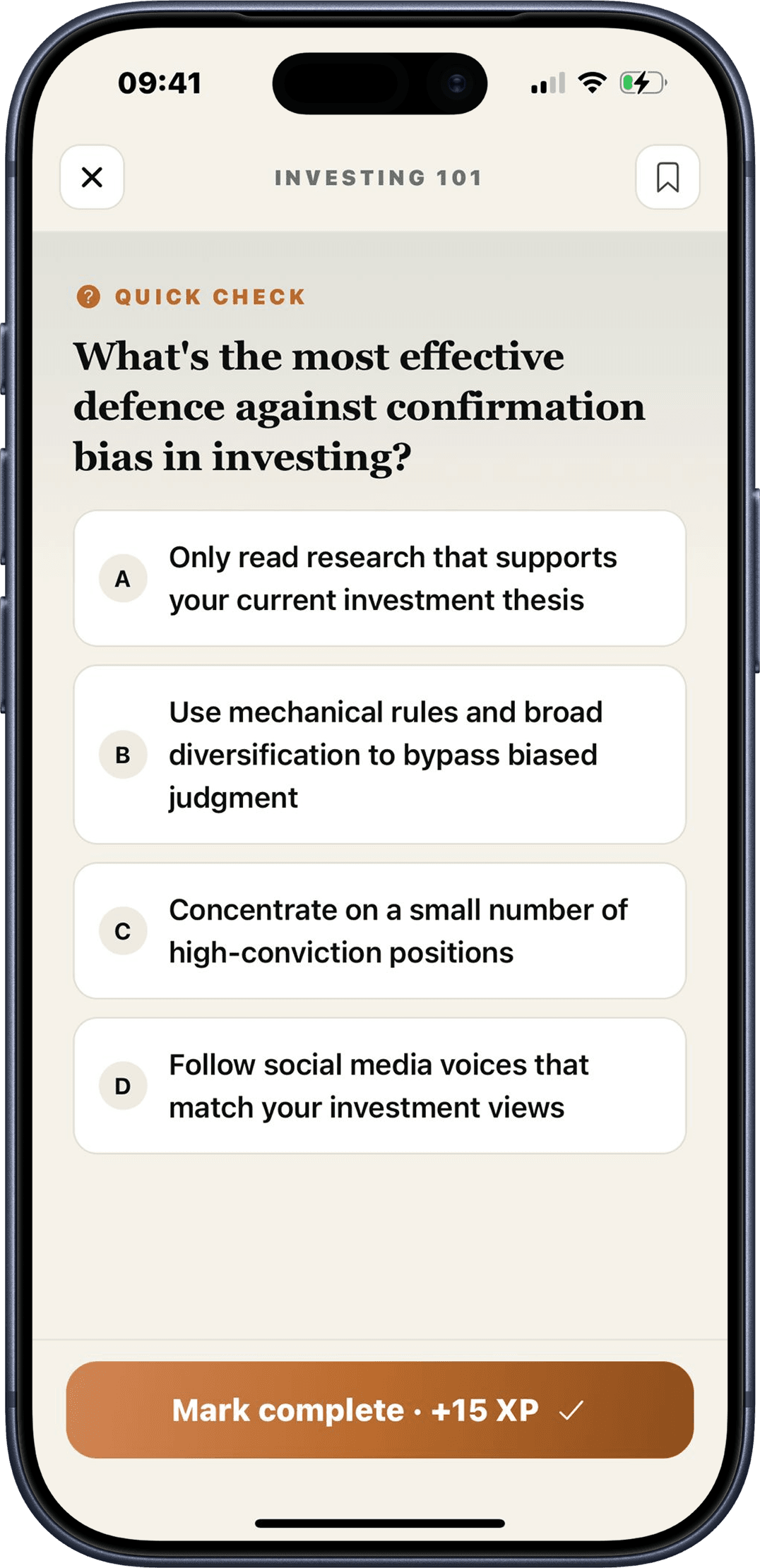 A quick check quiz screen inside Scroll
