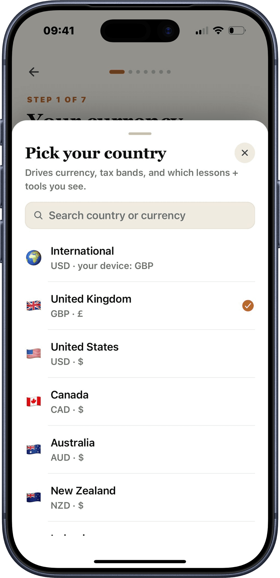 The country picker showing International, UK, US, Canada, Australia, and more