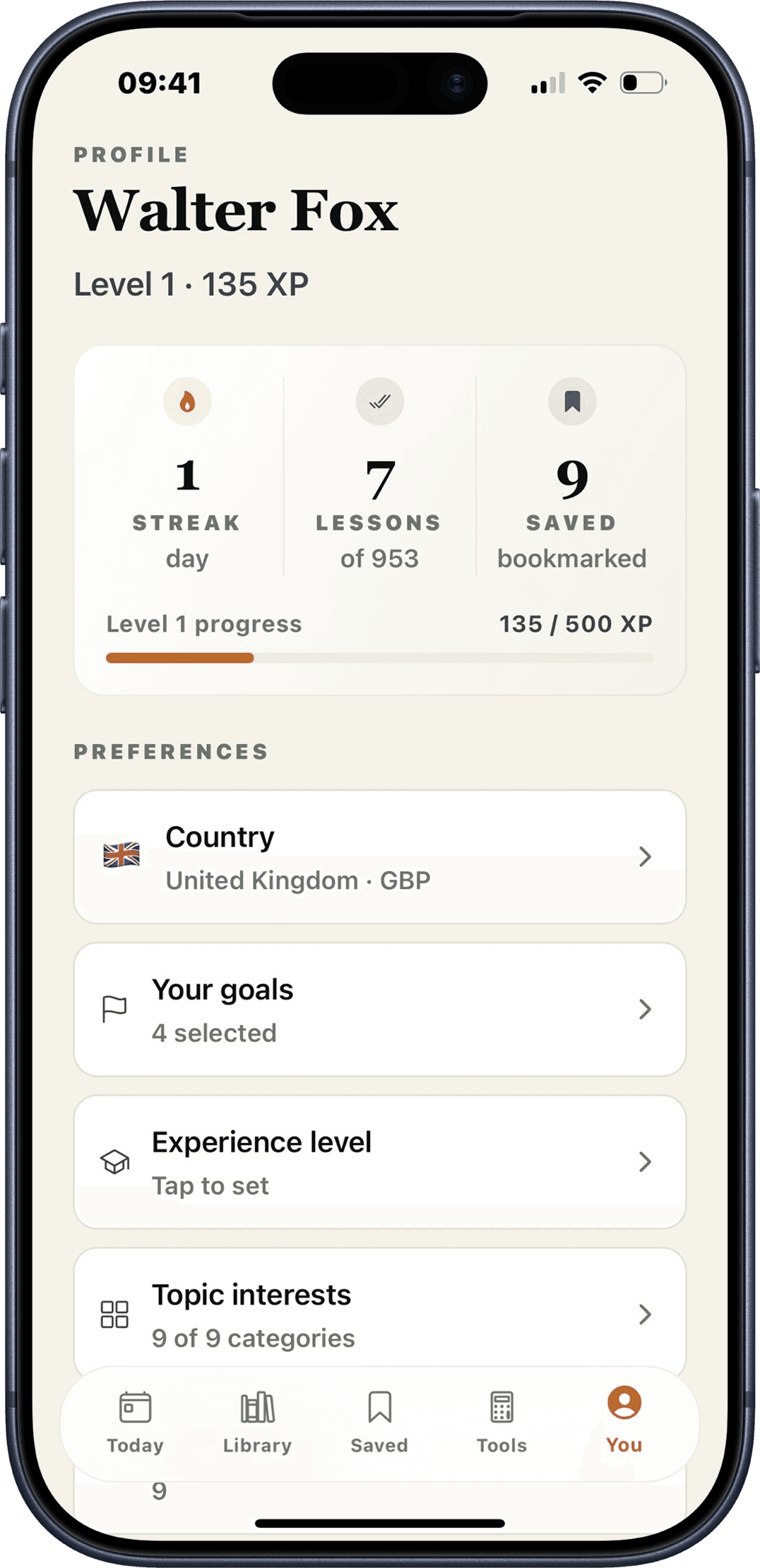 A profile screen showing streak, lesson count, bookmarks, and level progress