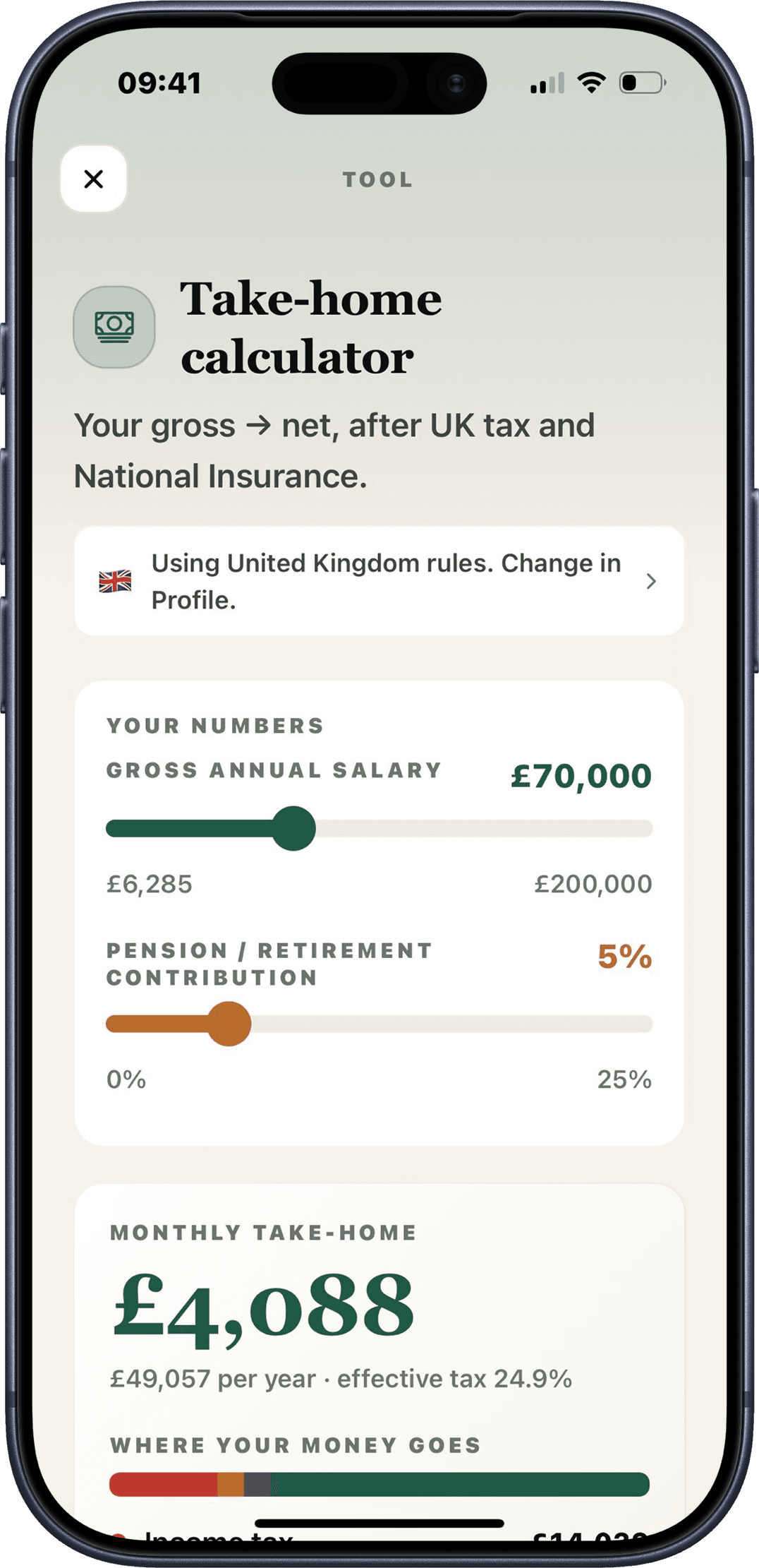 The take home calculator showing a UK salary of £70,000