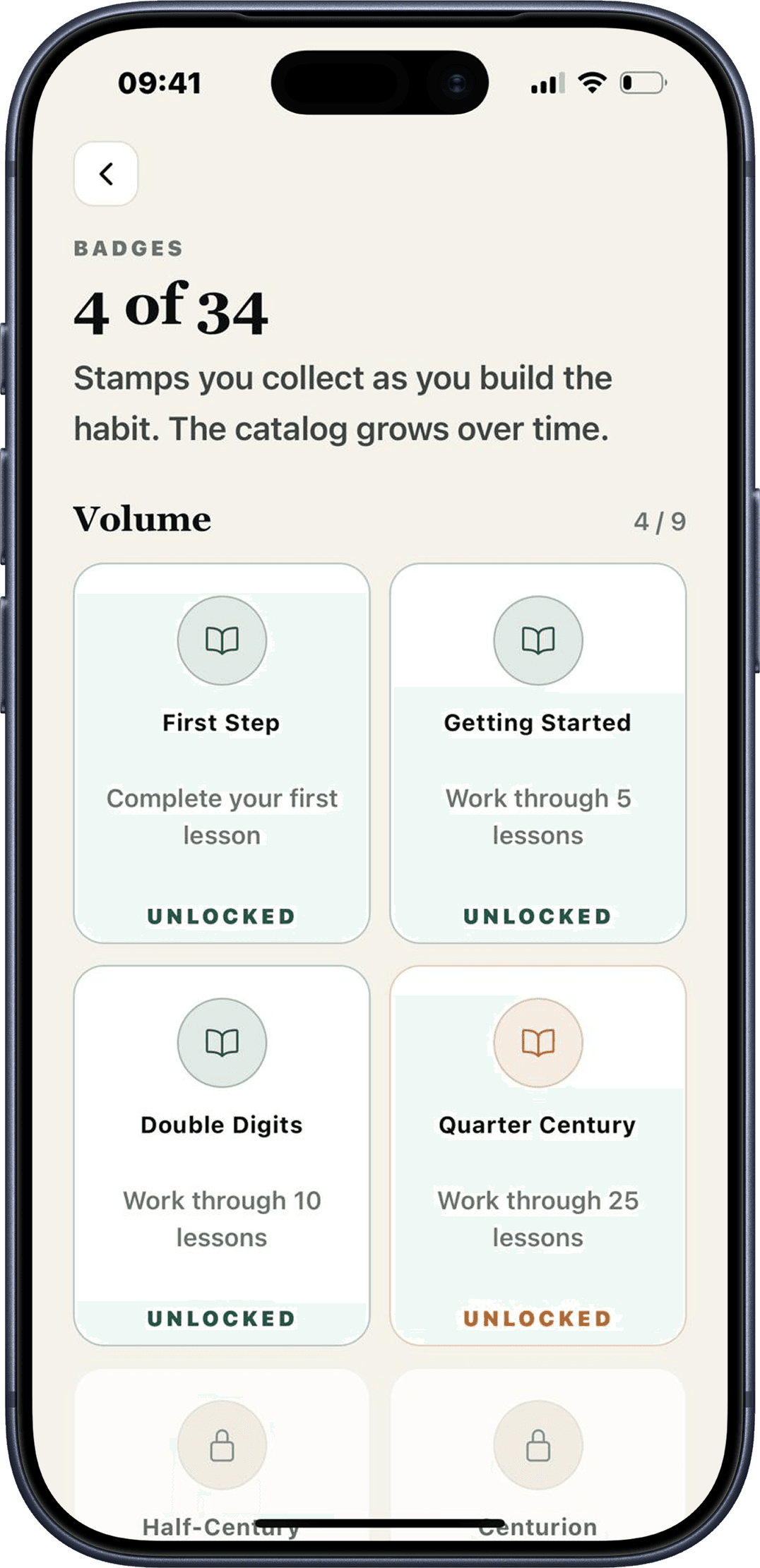 The badges screen showing First Step, Getting Started and other unlocked badges